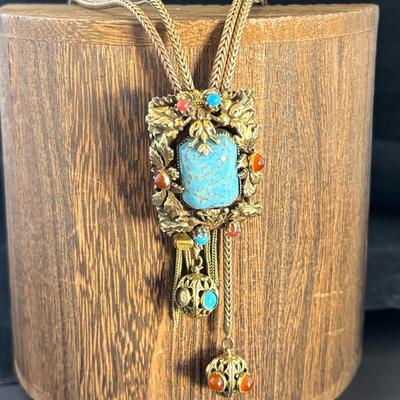 Vintage Gold Tone With Blue And Amber Stones Lariat/Bolo
