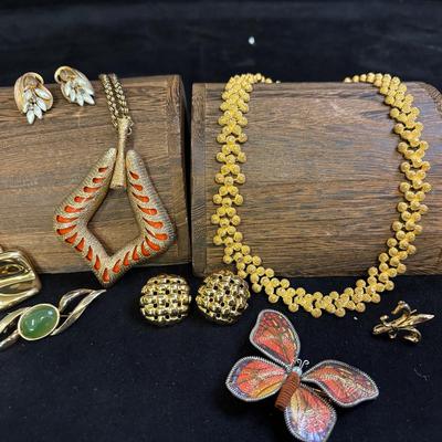 Vintage Sara Coventry Orange And Gold Pendant Necklace, & Other Gold Tone Pieces
