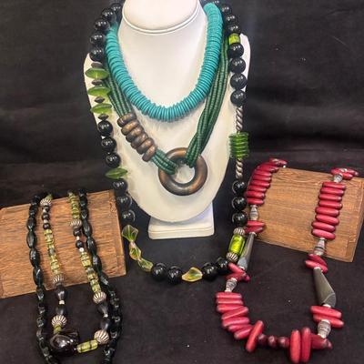 Wood, Glass & Button Beaded Necklaces