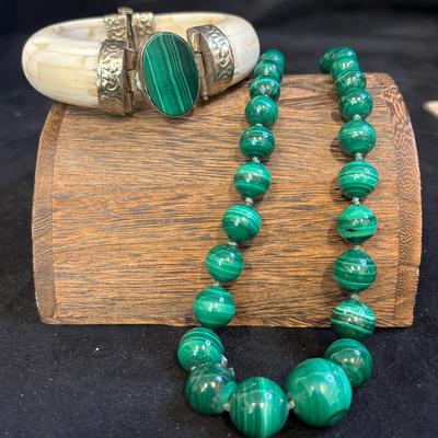 Malachite Beaded Necklace And Bone Cuff Bracelet With Malachite Center Stone