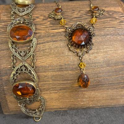 Filigree And Amber Glass Bracelet And Necklace