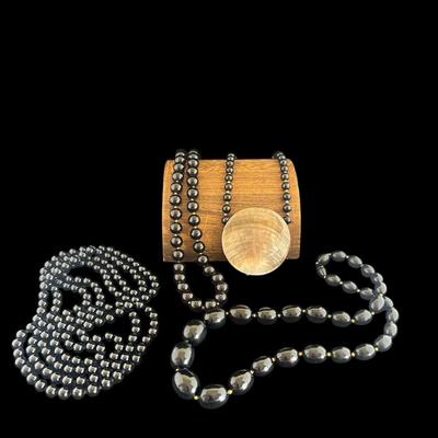 Black Beaded Necklace With Shell Pendant And Other Necklaces