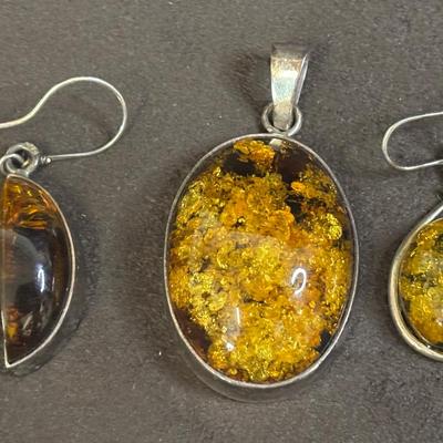 Sterling And Amber Pendant And Earrings