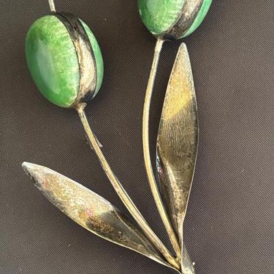 Vintage Mexico Silver And Green Agate Flower Brooch