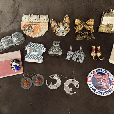Cat Themed Brooches And Earrings