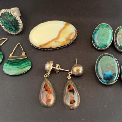 Malachite Purse Earrings, Sterling And Cabachon Stone Earrings, Brooch And More