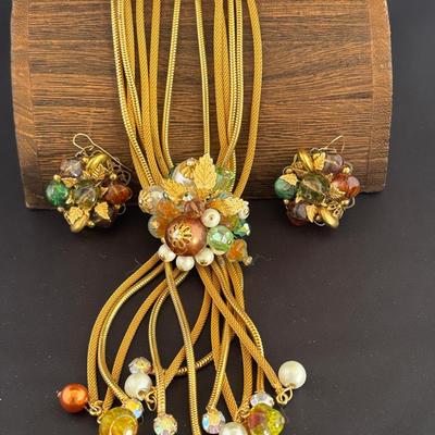 6 Strand Mesh And Crystal Beaded Necklace And Earrings