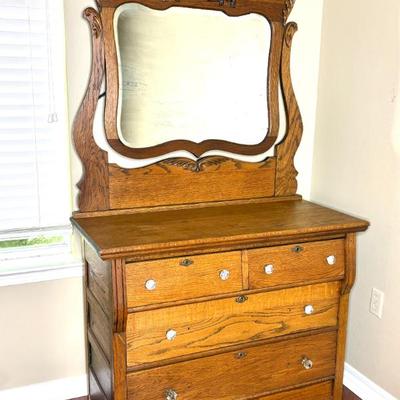 Vintage Tiger Oak Dresser with Mirror and Glass Knobs