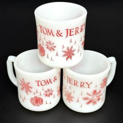 Set of 3 Tom & Jerry Fire-King Milk Glass Punch Bowl Mugs 