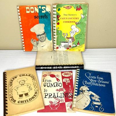 Set of 6 Vintage Louisiana Cookbooks- Don’s, Tony Cachere’s, River Road