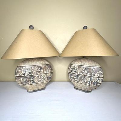 Set of 2 Vintage Ceramic Safari Scene Lamps 