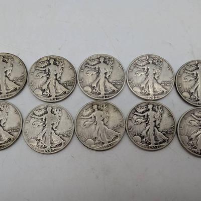 Ten 1940's Walking Liberty Half Dollars 