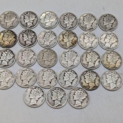 27 Silver Mercury Dimes...1944 & 1945