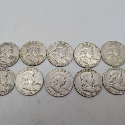 Ten 1950's Franklin Half Dollars