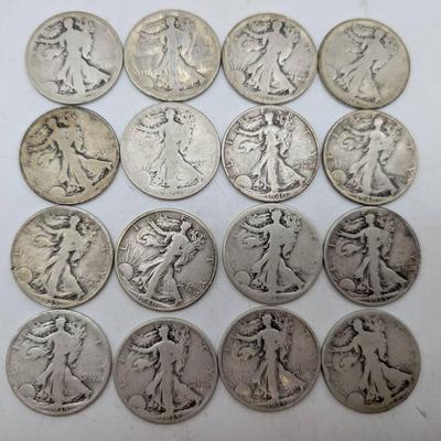 16 Mixed Date Walking Liberty Half Dollars