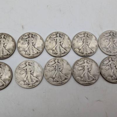 Ten 1945 Walking Liberty Half Dollars