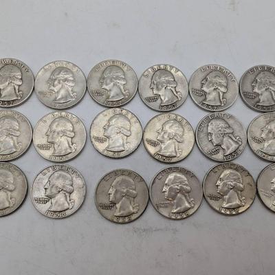 18 Silver 1957 & 1958 Washington Quarters 