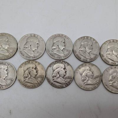 Ten 1950's Franklin Half Dollars