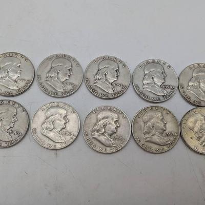 Ten 1950's Franklin Half Dollars