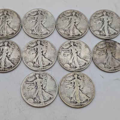 Ten 1940's Walking Liberty Half Dollars