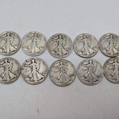 Ten 1940's Walking Liberty Half Dollars