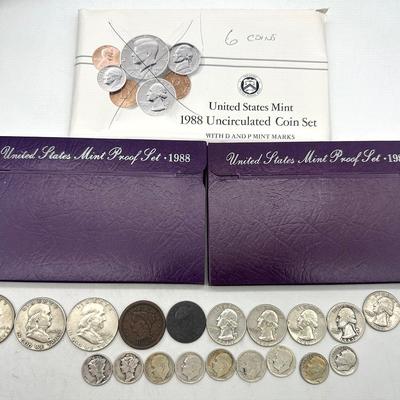 Two 1988 United Proof Sets, One 1988 Mint Set & 1853-1963 Various Coins