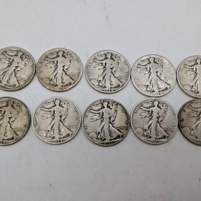 Ten 1930's Walking Liberty Half Dollars