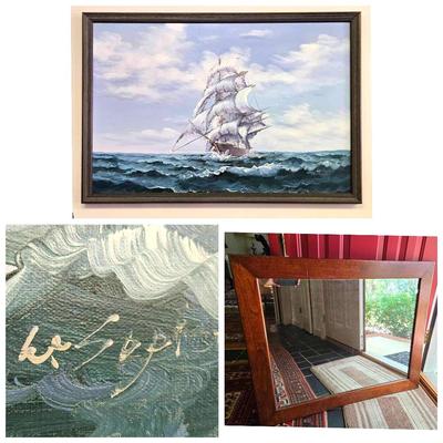 Original Ship Painting & Antique Mirror