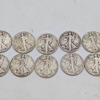 Ten 1940's Walking Liberty Half Dollars