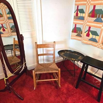 4 Pc Furniture Lot: Floor Mirror, Rocker, Stool, Tray Table