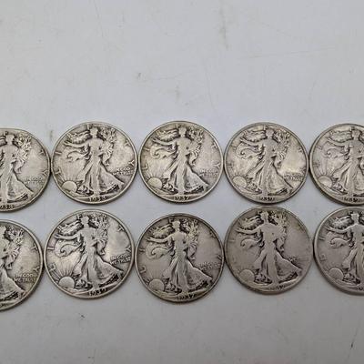 Ten 1930's Walking Liberty Half Dollars