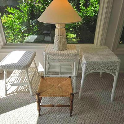3 Vintage Wicker Tables & Lamp & Rush Stool