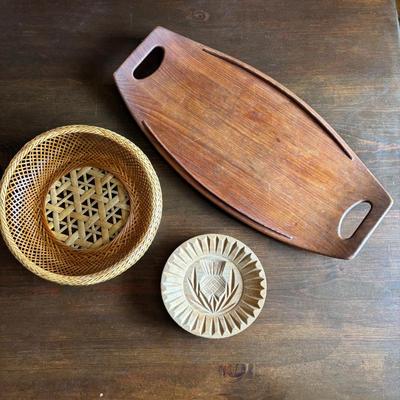 Lot #125 - Vintage Staved Teak Denmark Serving Tray and Wooden Bowls Lot