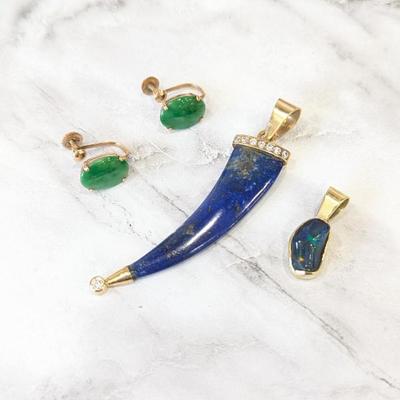 Lot #209 - 14k Yellow Gold & Jade Earrings, 14k & Lapis Lazuli Horn Pendant, 14k & Opal Pendant