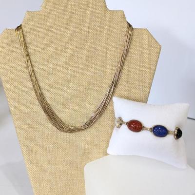 Lot #192 - Vintage 12k Gold Filled Jewelry: Multi-Strand Necklace & Scarab Bracelet Multi Gemstone
