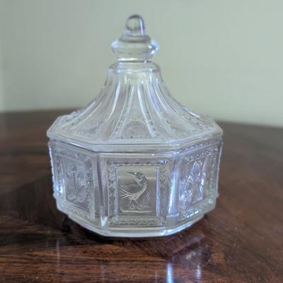 Lot #20 - Antique Glass Candy Dish with Lid Birds & Flowers