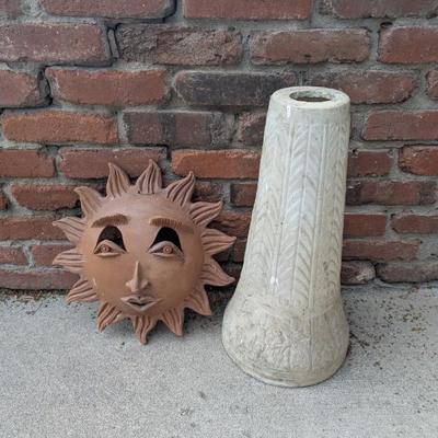 Lot #163 - Handcrafted Terracotta Sun Face and Decorative Stone Bird Bath Base