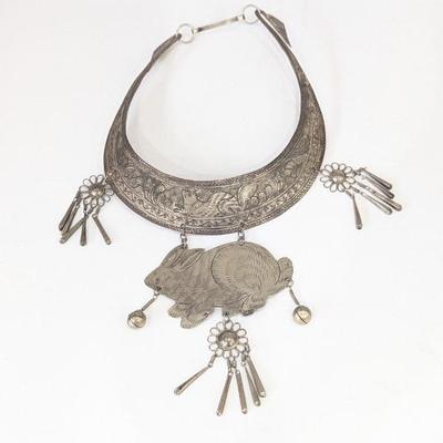 Lot #190 - Vintage Tribal Hmong Miao? Silver-Plate Bib Collar Necklace