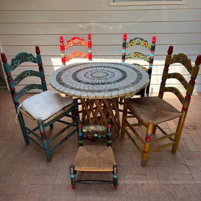 Lot #111 - Mexican Equipale Traditional Leather Patio Table (Covered) Plus Painted Folk Art Chairs