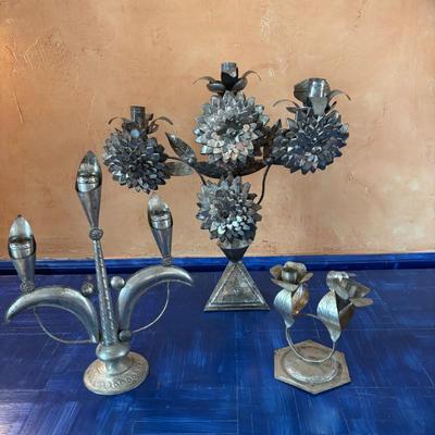 Lot #121 - Vintage Metal Candle Holders Lot Mexican Tin Folk Art