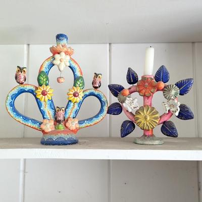Lot #38 - Vintage Mexican Folk Art Tree of Life Candle Holders