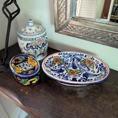 Lot #138 - Handcrafted Colorful Mexican Talavera Pottery Bowl, Soap Dish, & Rouen Faience Tobacco Jar