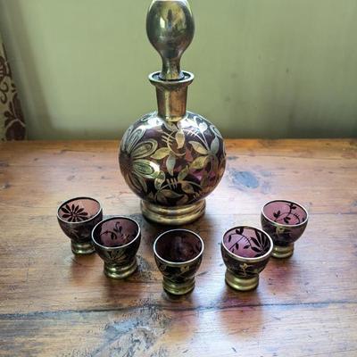 Lot #32 - Mid Century Venetian Murano Amethyst & Silver Glass Decanter Set