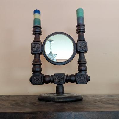 Lot #72 - Antique Candle Holder Carved Wood Shaving Mirror