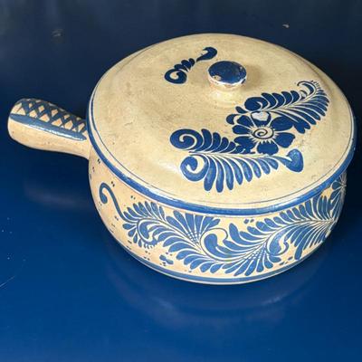Lot #62 - Vintage Mexican Folk Art Pottery Tlaquepaque Covered Casserole Dish w/ Handle