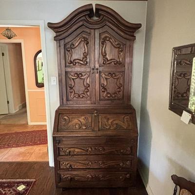 Lot #7 - Antique Ornate Secretary Desk & Hutch Bookcase Cabinet
