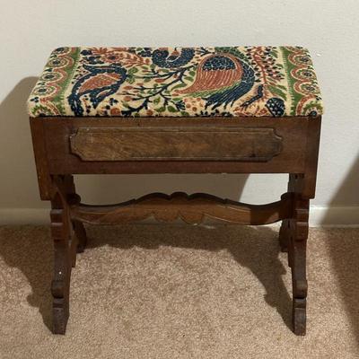 Lot #106 - Antique Wooden Stool with Upholstered Seat