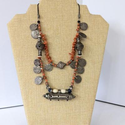 Lot #197 - Vintage Indian Tribal Silver Coin and Coral Beaded Statement Amulet Necklace