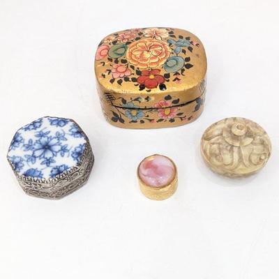 Lot #220 - Vintage Kashmiri Hand-Painted Floral Decorative Box, Chinese Porcelain Shard Box, Soapstone & Rose Quartz Pill Boxes