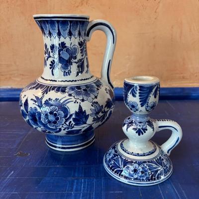 Lot #57 - Royal Delft Dutch Delftware Water Jug Pitcher and Candlestick Set
